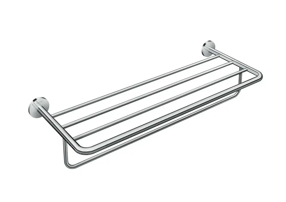 Handtuchablage mit mehreren parallel angeordneten Stangen in verchromtem Design. Montiert an zwei runden Wandhalterungen, Marke AXOR.